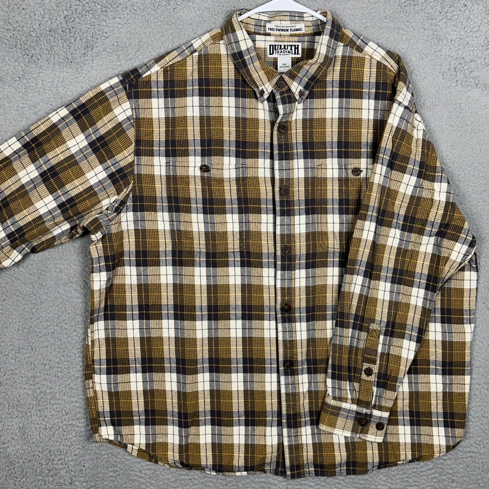 Duluth Trading Co Shirt Men 2XL Free Swingin Flannel Brown Plaid Relaxed Fit EUC
